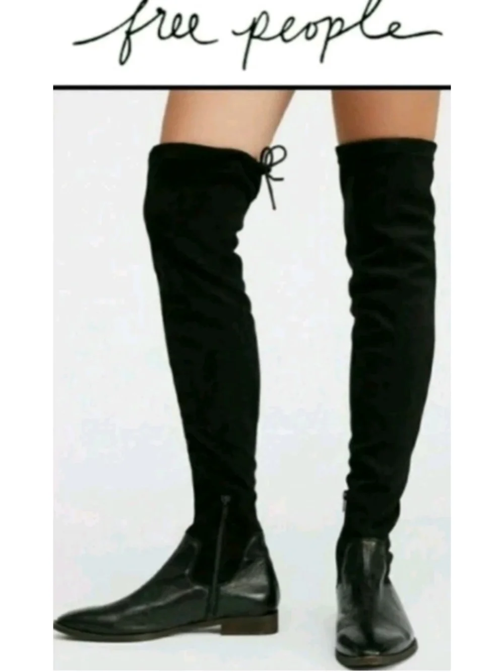 FREE PEOPLE-BICOASTAL Over Knee Boots-Black- Low Heel-Zip & Tie Sz 36/6